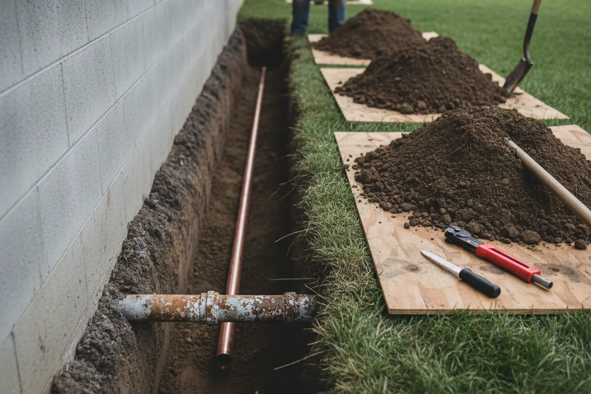 Excavated water line trench during Water Softener Installation in Dinuba